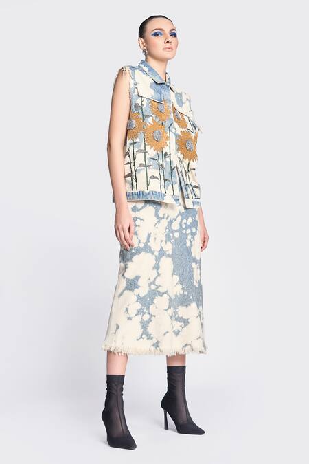 Buy_Shahin Mannan_Blue Denim Sequins, Stones Collared Sunflower Embroidered Vest With Skirt _Online_at_Aza_Fashions