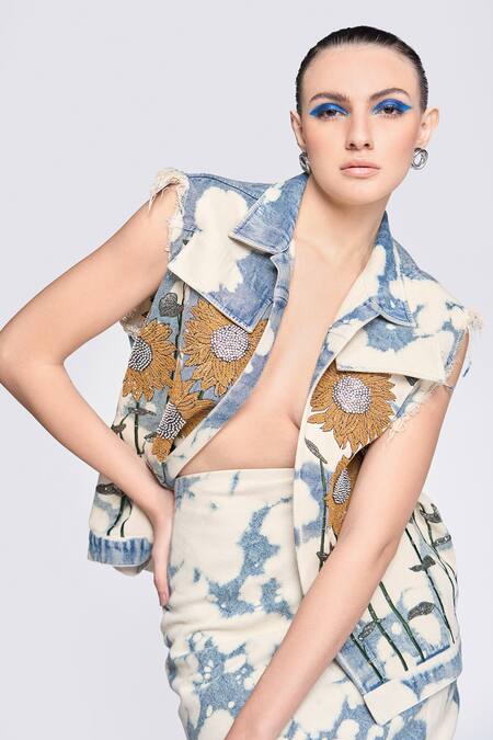 Shop_Shahin Mannan_Blue Denim Sequins, Stones Collared Sunflower Embroidered Vest With Skirt _Online_at_Aza_Fashions