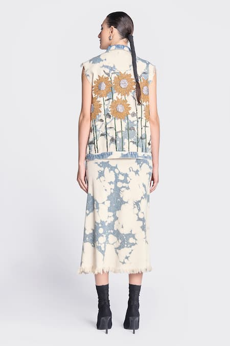 Shop Shahin Mannan Blue Denim Sequins, Stones Collared Sunflower Embroidered Vest at Aza Fashions Shop_Shahin Mannan_Blue Denim Sequins, Stones Collared Sunflower Embroidered Vest _at_Aza_Fashions