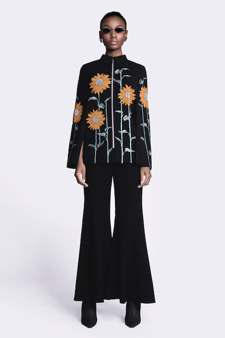 Shahin Mannan Black Crepe Sunflower Hand Embroidered Cape With Pant Online at Aza Fashions Shahin Mannan_Black Crepe Sunflower Hand Embroidered Cape With Pant _Online_at_Aza_Fashions