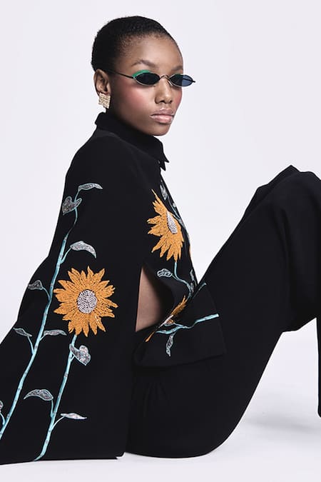 Shahin Mannan Black Crepe Sunflower Hand Embroidered Cape With Pant at Aza Fashions Shahin Mannan_Black Crepe Sunflower Hand Embroidered Cape With Pant _at_Aza_Fashions