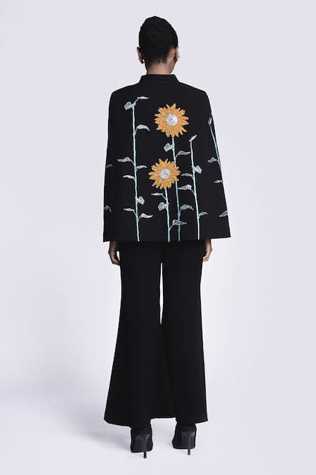 Shop Shahin Mannan Black Sunflower Hand Embroidered Cape at Aza Fashions Shop_Shahin Mannan_Black Sunflower Hand Embroidered Cape _at_Aza_Fashions