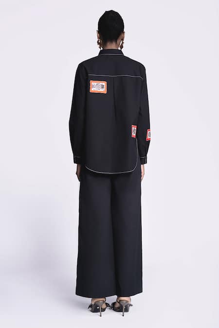 Shop Shahin Mannan Black Poplin, Cotton Patchwork Collared Fish Work Shirt With Pant at Aza Fashions Shop_Shahin Mannan_Black Poplin, Cotton Patchwork Collared Fish Work Shirt With Pant _at_Aza_Fashions