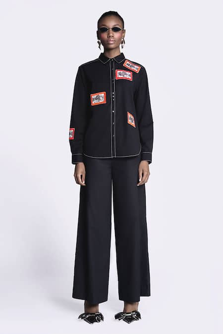 Shahin Mannan Black Poplin, Cotton Patchwork Collared Fish Work Shirt With Pant Online at Aza Fashions Shahin Mannan_Black Poplin, Cotton Patchwork Collared Fish Work Shirt With Pant _Online_at_Aza_Fashions