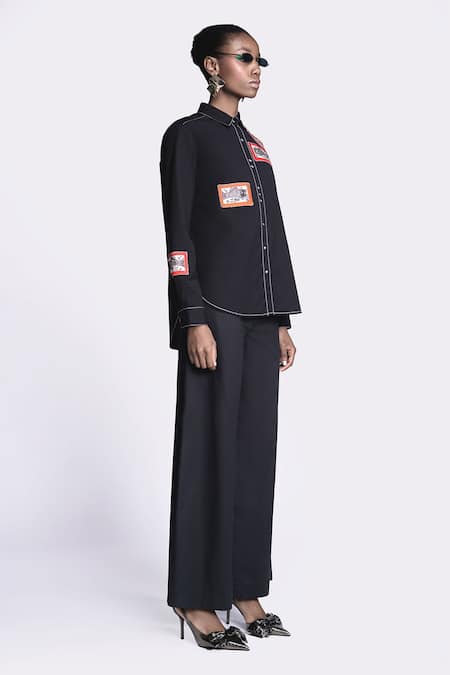 Buy Shahin Mannan Black Poplin, Cotton Patchwork Collared Fish Work Shirt With Pant Online at Aza Fashions Buy_Shahin Mannan_Black Poplin, Cotton Patchwork Collared Fish Work Shirt With Pant _Online_at_Aza_Fashions