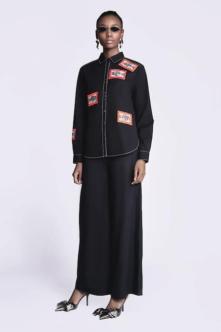 Shahin Mannan_Black Poplin Embroidery Collared Fish Patch Work Shirt _Online_at_Aza_Fashions