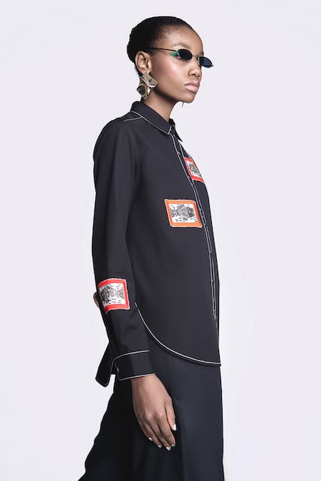 Shop_Shahin Mannan_Black Poplin Embroidery Collared Fish Patch Work Shirt _Online_at_Aza_Fashions