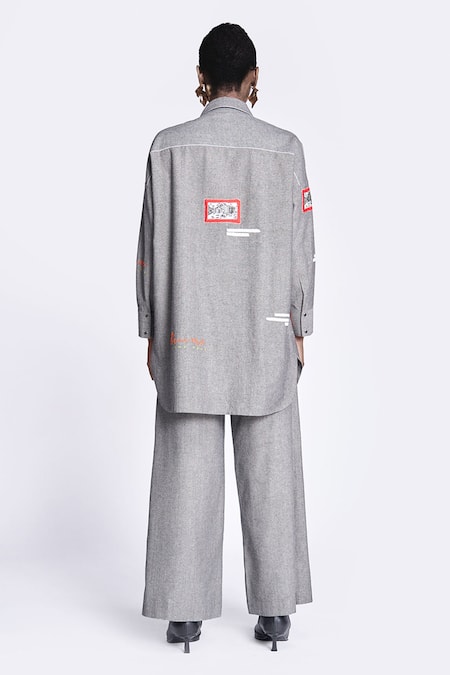 Shop Shahin Mannan Grey Cotton Embroidery, Patchwork Collared Fish Overshirt With Pant at Aza Fashions Shop_Shahin Mannan_Grey Cotton Embroidery, Patchwork Collared Fish Overshirt With Pant _at_Aza_Fashions