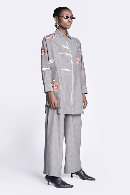 Buy Shahin Mannan Grey Cotton Embroidery, Patchwork Collared Fish Overshirt With Pant Online at Aza Fashions Buy_Shahin Mannan_Grey Cotton Embroidery, Patchwork Collared Fish Overshirt With Pant _Online_at_Aza_Fashions
