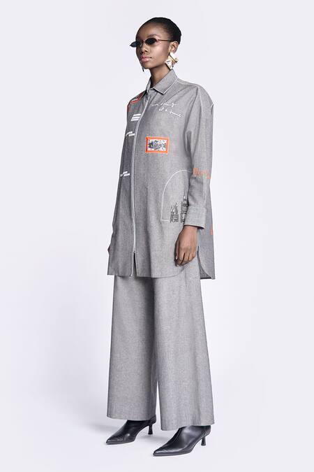 Buy Shahin Mannan Grey Cotton Embroidery, Patchwork Collared Fish Overshirt Online at Aza Fashions Buy_Shahin Mannan_Grey Cotton Embroidery, Patchwork Collared Fish Overshirt _Online_at_Aza_Fashions