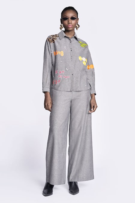 Shahin Mannan Crab & Text Embroidered Shirt With Pant 