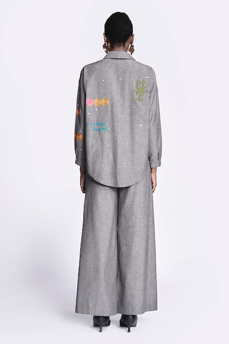 Shop Shahin Mannan Grey Cotton Embroidery Collared Crab And Text Shirt With Pant at Aza Fashions Shop_Shahin Mannan_Grey Cotton Embroidery Collared Crab And Text Shirt With Pant _at_Aza_Fashions