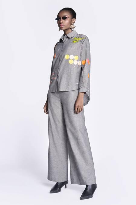 Shahin Mannan Grey Cotton Embroidery Collared Crab And Text Shirt With Pant Online at Aza Fashions Shahin Mannan_Grey Cotton Embroidery Collared Crab And Text Shirt With Pant _Online_at_Aza_Fashions