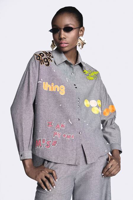 Shop Shahin Mannan Grey Cotton Embroidery Collared Crab And Text Shirt With Pant Online at Aza Fashions Shop_Shahin Mannan_Grey Cotton Embroidery Collared Crab And Text Shirt With Pant _Online_at_Aza_Fashions