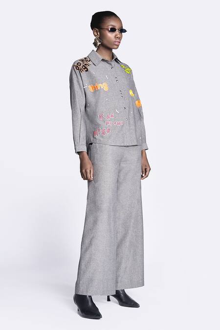 Shop Shahin Mannan Grey Cotton Embroidery Collared Crab And Text Shirt Online at Aza Fashions Shop_Shahin Mannan_Grey Cotton Embroidery Collared Crab And Text Shirt _Online_at_Aza_Fashions