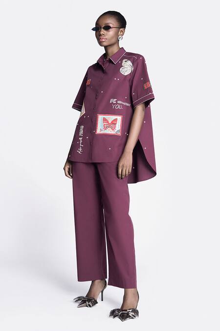 Shahin Mannan Wine Poplin Embroidery, Patchwork Collared Butterfly Work Shirt With Pant Online at Aza Fashions Shahin Mannan_Wine Poplin Embroidery, Patchwork Collared Butterfly Work Shirt With Pant _Online_at_Aza_Fashions