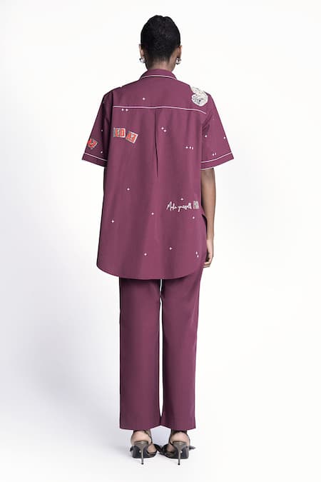Shop Shahin Mannan Wine Poplin Embroidery, Patchwork Collared Butterfly Work Shirt at Aza Fashions Shop_Shahin Mannan_Wine Poplin Embroidery, Patchwork Collared Butterfly Work Shirt _at_Aza_Fashions