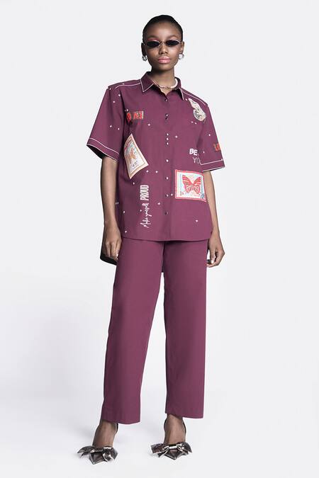 Shahin Mannan Wine Poplin Embroidery, Patchwork Collared Butterfly Work Shirt Online at Aza Fashions Shahin Mannan_Wine Poplin Embroidery, Patchwork Collared Butterfly Work Shirt _Online_at_Aza_Fashions