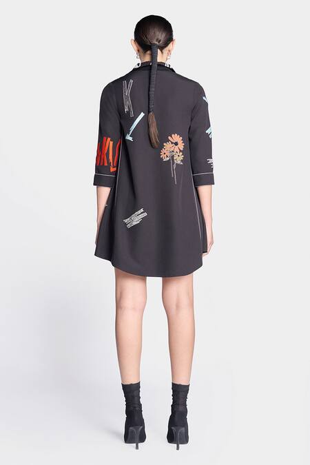 Shop Shahin Mannan Black Crepe Embroidery Collared Bloom Side Triangle Shirt Dress at Aza Fashions Shop_Shahin Mannan_Black Crepe Embroidery Collared Bloom Side Triangle Shirt Dress _at_Aza_Fashions