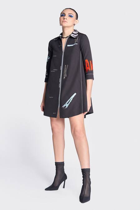 Shahin Mannan Black Crepe Embroidery Collared Bloom Side Triangle Shirt Dress Online at Aza Fashions Shahin Mannan_Black Crepe Embroidery Collared Bloom Side Triangle Shirt Dress _Online_at_Aza_Fashions