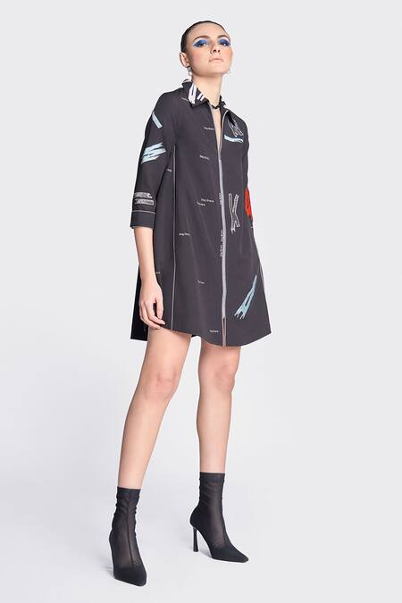 Buy Shahin Mannan Black Crepe Embroidery Collared Bloom Side Triangle Shirt Dress Online at Aza Fashions Buy_Shahin Mannan_Black Crepe Embroidery Collared Bloom Side Triangle Shirt Dress _Online_at_Aza_Fashions