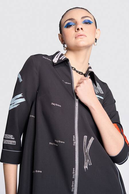 Shop Shahin Mannan Black Crepe Embroidery Collared Bloom Side Triangle Shirt Dress Online at Aza Fashions Shop_Shahin Mannan_Black Crepe Embroidery Collared Bloom Side Triangle Shirt Dress _Online_at_Aza_Fashions