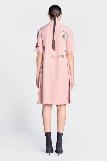 Shop Shahin Mannan Pink Crepe Embroidery, Patchwork Collared Butterfly Work Dress at Aza Fashions Shop_Shahin Mannan_Pink Crepe Embroidery, Patchwork Collared Butterfly Work Dress _at_Aza_Fashions