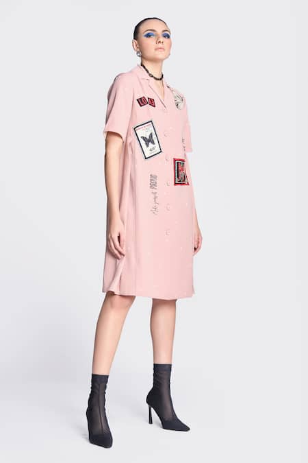 Shahin Mannan Pink Crepe Embroidery, Patchwork Collared Butterfly Work Dress Online at Aza Fashions Shahin Mannan_Pink Crepe Embroidery, Patchwork Collared Butterfly Work Dress _Online_at_Aza_Fashions