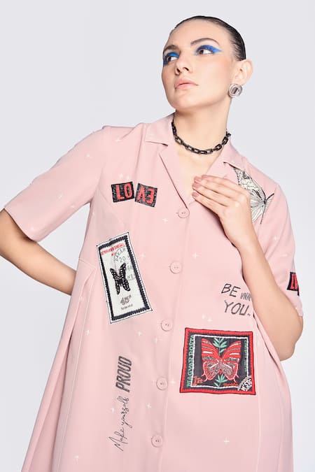 Buy Shahin Mannan Pink Crepe Embroidery, Patchwork Collared Butterfly Work Dress Online at Aza Fashions Buy_Shahin Mannan_Pink Crepe Embroidery, Patchwork Collared Butterfly Work Dress _Online_at_Aza_Fashions