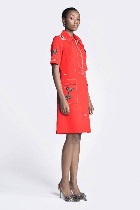 Buy_Shahin Mannan_Red Crepe Embroidery Collared Dreams Panelled Shift Dress _Online_at_Aza_Fashions