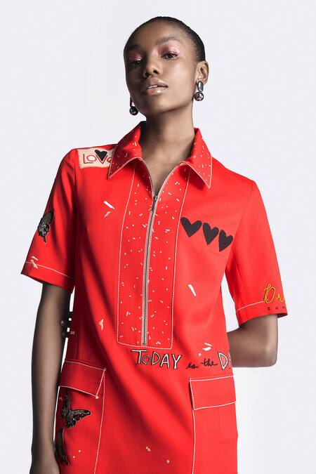 Shop_Shahin Mannan_Red Crepe Embroidery Collared Dreams Panelled Shift Dress _Online_at_Aza_Fashions