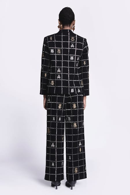 Shop Shahin Mannan Black Crepe Embroidery Lady Bug Blazer With Pant at Aza Fashions Shop_Shahin Mannan_Black Crepe Embroidery Lady Bug Blazer With Pant _at_Aza_Fashions