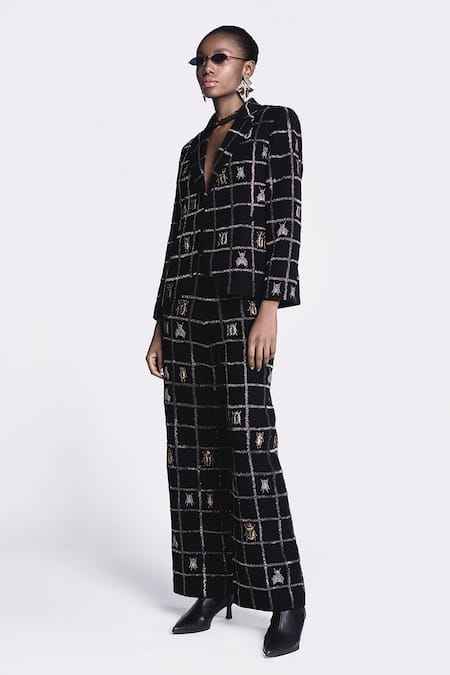 Shahin Mannan Black Crepe Embroidery Lady Bug Blazer With Pant Online at Aza Fashions Shahin Mannan_Black Crepe Embroidery Lady Bug Blazer With Pant _Online_at_Aza_Fashions