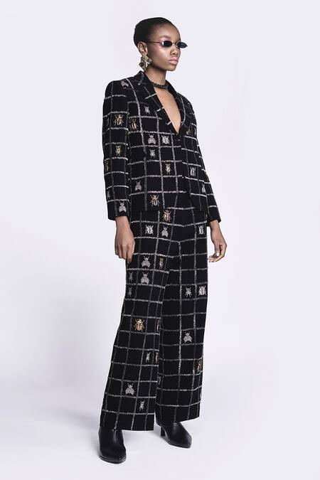 Buy Shahin Mannan Black Crepe Embroidery Lady Bug Blazer With Pant Online at Aza Fashions Buy_Shahin Mannan_Black Crepe Embroidery Lady Bug Blazer With Pant _Online_at_Aza_Fashions