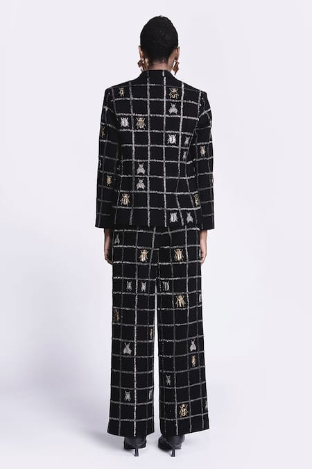 Shop Shahin Mannan Black Crepe Embroidery Lady Bug Blazer at Aza Fashions Shop_Shahin Mannan_Black Crepe Embroidery Lady Bug Blazer _at_Aza_Fashions