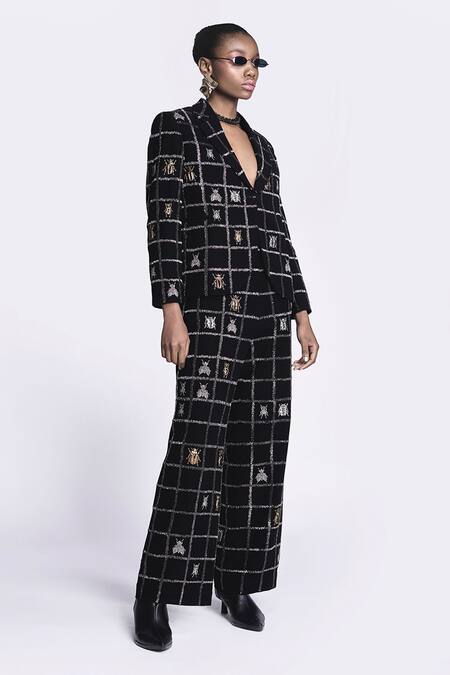 Shop Shahin Mannan Black Crepe Embroidery Lady Bug Blazer Online at Aza Fashions Shop_Shahin Mannan_Black Crepe Embroidery Lady Bug Blazer _Online_at_Aza_Fashions
