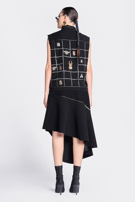 Shop Shahin Mannan Black Crepe Embroidery Collared Hand Vest With Skirt at Aza Fashions Shop_Shahin Mannan_Black Crepe Embroidery Collared Hand Vest With Skirt _at_Aza_Fashions