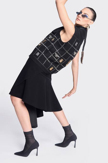 Shop Shahin Mannan Black Crepe Embroidery Collared Hand Vest With Skirt Online at Aza Fashions Shop_Shahin Mannan_Black Crepe Embroidery Collared Hand Vest With Skirt _Online_at_Aza_Fashions