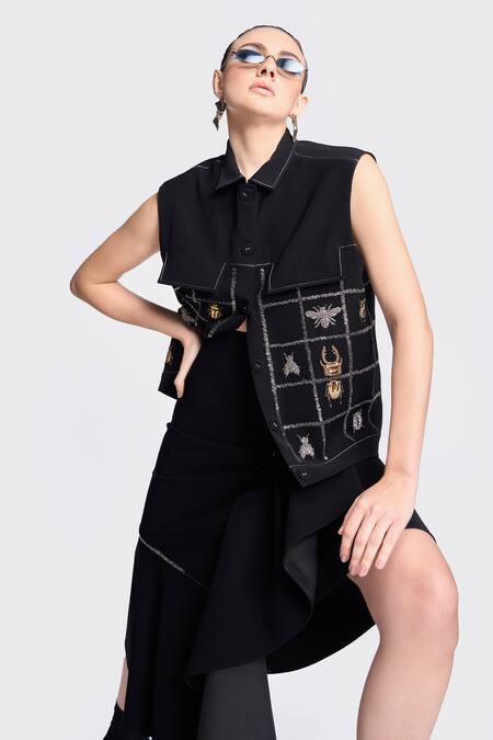 Shahin Mannan Black Crepe Embroidery Collared Hand Vest With Skirt at Aza Fashions Shahin Mannan_Black Crepe Embroidery Collared Hand Vest With Skirt _at_Aza_Fashions