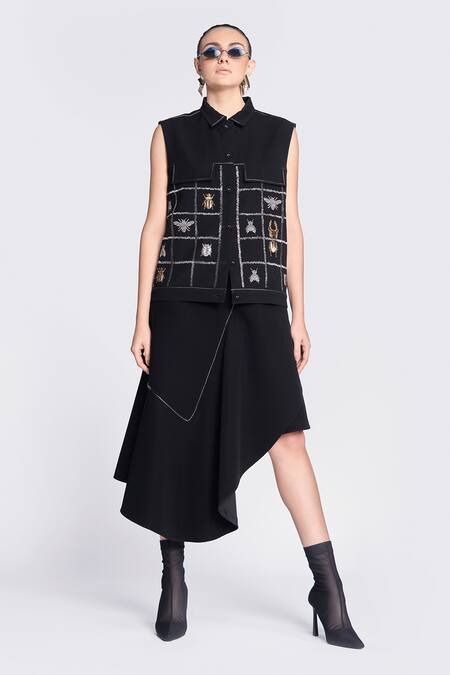 Shahin Mannan Black Crepe Embroidery Collared Hand Vest Online at Aza Fashions Shahin Mannan_Black Crepe Embroidery Collared Hand Vest _Online_at_Aza_Fashions