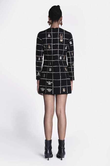 Shop Shahin Mannan Black Crepe Embroidery Round Neck Hand Short Dress at Aza Fashions Shop_Shahin Mannan_Black Crepe Embroidery Round Neck Hand Short Dress _at_Aza_Fashions