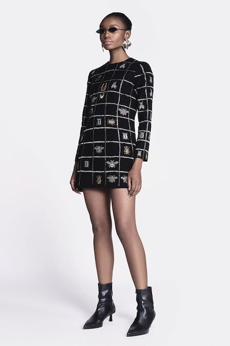 Shahin Mannan Black Crepe Embroidery Round Neck Hand Short Dress Online at Aza Fashions Shahin Mannan_Black Crepe Embroidery Round Neck Hand Short Dress _Online_at_Aza_Fashions