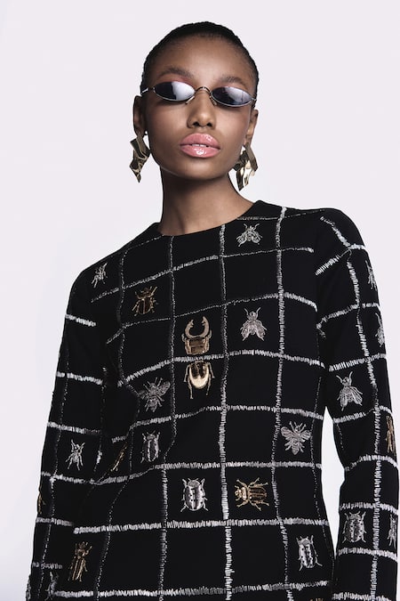 Shop Shahin Mannan Black Crepe Embroidery Round Neck Hand Short Dress Online at Aza Fashions Shop_Shahin Mannan_Black Crepe Embroidery Round Neck Hand Short Dress _Online_at_Aza_Fashions