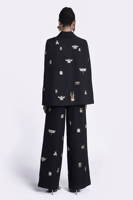 Shop Shahin Mannan Black Crepe Embroidery Lady Bug Cape With Pant at Aza Fashions Shop_Shahin Mannan_Black Crepe Embroidery Lady Bug Cape With Pant _at_Aza_Fashions