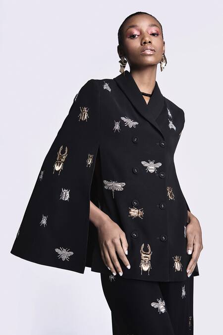 Buy Shahin Mannan Black Crepe Embroidery Lady Bug Cape With Pant Online at Aza Fashions Buy_Shahin Mannan_Black Crepe Embroidery Lady Bug Cape With Pant _Online_at_Aza_Fashions