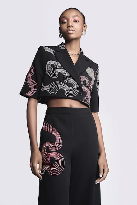 Shop Shahin Mannan Black Crepe Embroidery Waves Blazer With Pant Online at Aza Fashions Shop_Shahin Mannan_Black Crepe Embroidery Waves Blazer With Pant _Online_at_Aza_Fashions