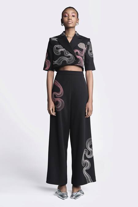 Shahin Mannan_Black Crepe Embroidery Waves Cropped Blazer _Online_at_Aza_Fashions