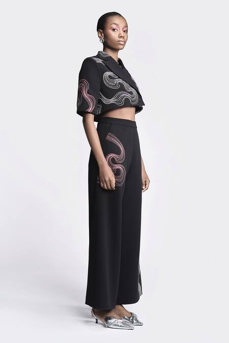 Shop_Shahin Mannan_Black Crepe Embroidery Waves Cropped Blazer _Online_at_Aza_Fashions