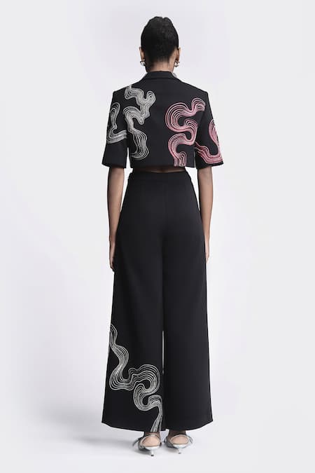 Shop Shahin Mannan Black Crepe Embroidery Waves Pant at Aza Fashions Shop_Shahin Mannan_Black Crepe Embroidery Waves Pant _at_Aza_Fashions