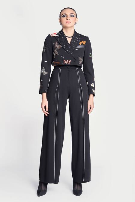 Shahin Mannan Black Crepe Embroidery Dream Cropped Blazer With Pleated Pant Online at Aza Fashions Shahin Mannan_Black Crepe Embroidery Dream Cropped Blazer With Pleated Pant _Online_at_Aza_Fashions